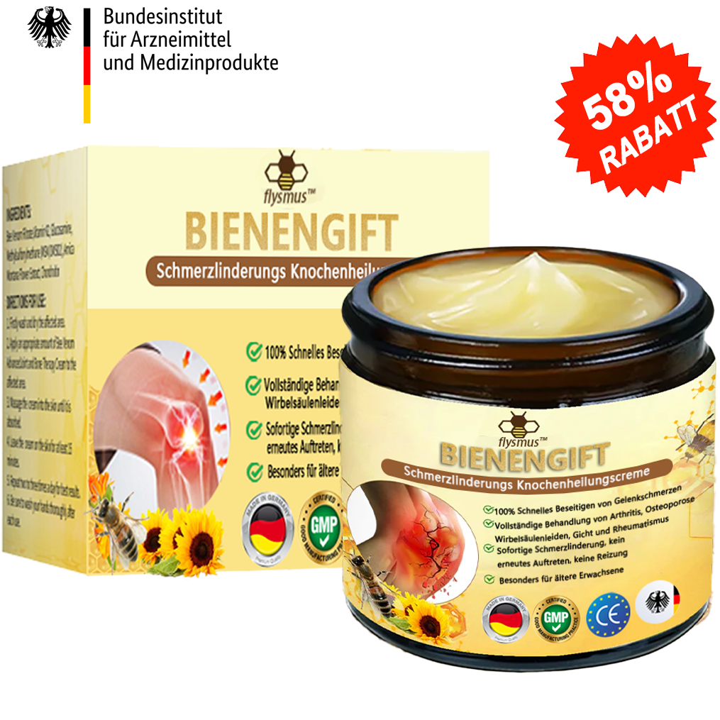 ✅ Offizieller Shop: flysmus™ Bienengift-Schmerzlinderungs Knochenheilungs Creme 👨‍⚕️(BfArM) Zertifizierungen(Reduzierung von Gelenkschwellungen, Schmerzen, Steifheit, Rötungen, Wärme, Muskelkater und Gelenkmüdigkeit)